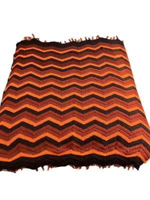 Orange & Brown Zigzag Pattern Crocheted Bedspread 52" X 60"