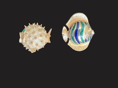 Two Gold Tone Vintage Fish Brooches