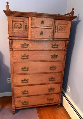 Antique quarter-sawn oak tall chest of drawers, orig. hardware