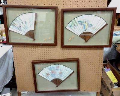 THREE WATERCOLOR FRAMED FANS