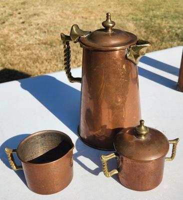 Brass teapot, sugar and creamer (4 pieces)