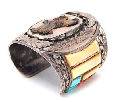 Lot 251 zuni inlaid cuff by j quam .925, 275 grams