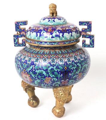 Lot 2 large chinese cloisonne enamel censer wlid