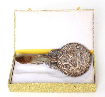 Lot 343 chinese dragon belt hook silver mounted as a mirror
