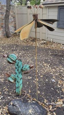 Metal cactus and flower yard art