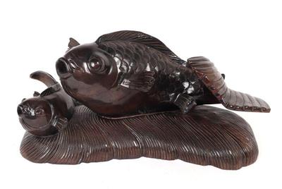 Lot 377 large japanese wood carved carp with hatchling