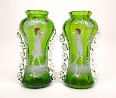 Pair of Mary Gregory Victorian Painted Glass Vases