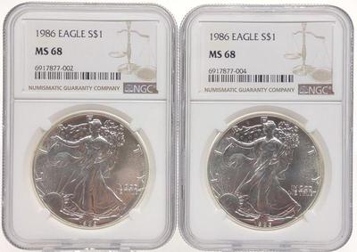 (2) 1986 $1 Silver Eagle Coins NGC MS 68