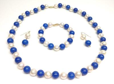 (4pc) 14K Pearl & Lapis Beaded Jewelry Set (11mm)