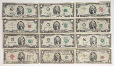 (12) $1 $2 & $5 US Notes - Red Seal, Silver & More