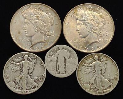 (5) US Coins: Peace, Walking & Standing Liberty
