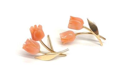 14K Gold Carved Rose Coral Post Earrings