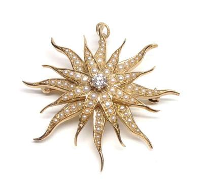 14K Diamond & Seed Pearl Starburst Brooch / Pin
