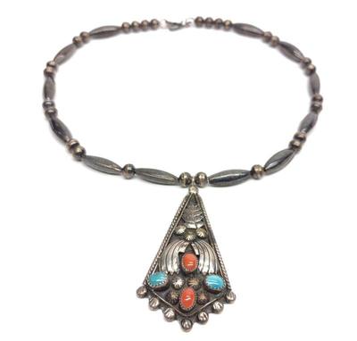 Signed Navajo Sterling Turquoise & Coral Necklace