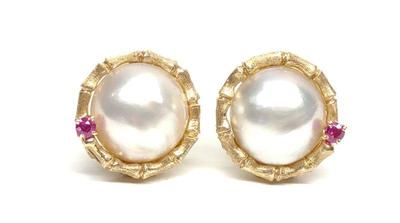 Mabe Pearl 14K Gold & Ruby Clip On Earrings