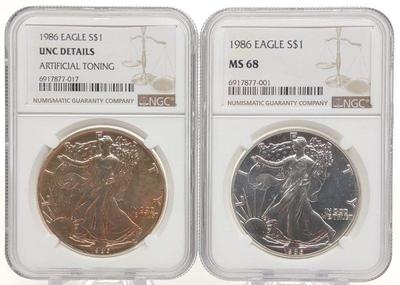(2) 1986 $1 Silver Eagle Coins NGC (MS68 & UNC)