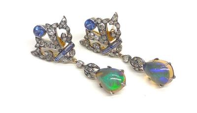 Pr of Opal, Sapphire, Diamond Silver Gilt Earrings