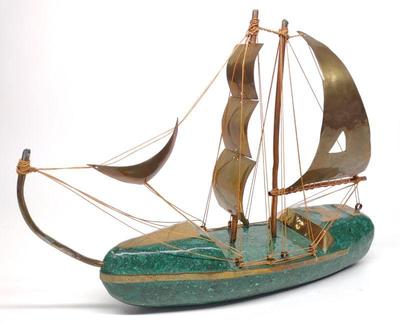Vintage Malachite & Brass Ship Sculpture