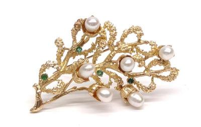 14K Gold Emerald & Pearl Freeform Branch Brooch