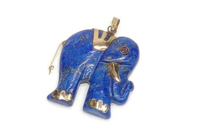 14K Gold Lapis Lazuli Elephant Pendant w/ Ruby Eye