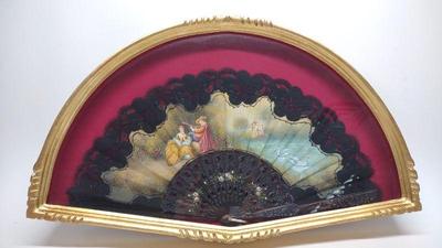 Sale Photo Thumbnail #41: Antique Hand Painted French Fan In Gilt Shadowbox