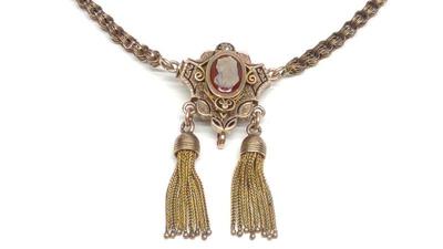 Victorian 10K Gold Cameo & Pearl Tassel Necklace