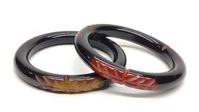 2 Vintage Carved Bakelite Overdye Bangle Bracelets