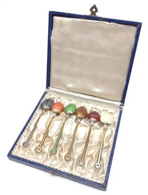 Sale Photo Thumbnail #154: Swedish .800 Silver 6pc Demitasse Enamel Spoon Set