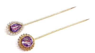 Two 14K Yellow Gold & Amethyst Stick Pins