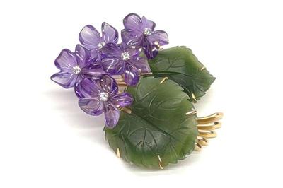 Vtg 14K Gold Jade Amethyst & Diamond Floral Brooch