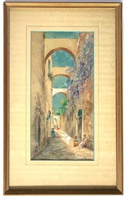 Antique water color, signed De Fulvis, Italian street scene, 6 x 12” sight