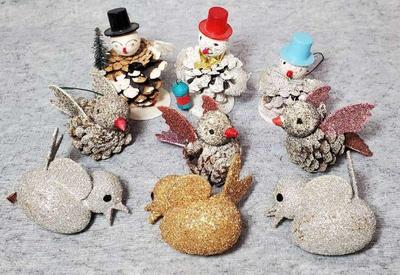 9 vintage pinecone and glitter craft snowman and bird ornaments