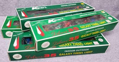 4 boxes of vintage kmart galaxy twinkle tinsel christmas lights