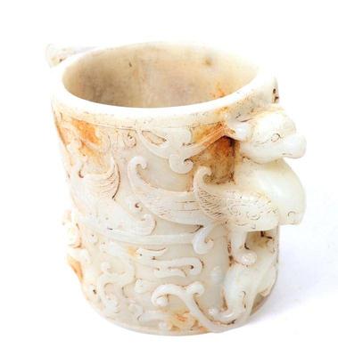 Lot 393 chinese white hardstone brush holder griffin & dragon