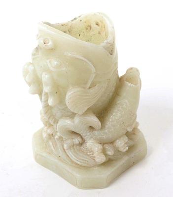 Lot 390 chinese hardstone brush holder koi fish