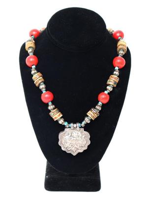 Lot 248 antique tibetan silver coral, turquoise & bone necklace