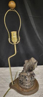 Vintage wood carved bass fish lamp