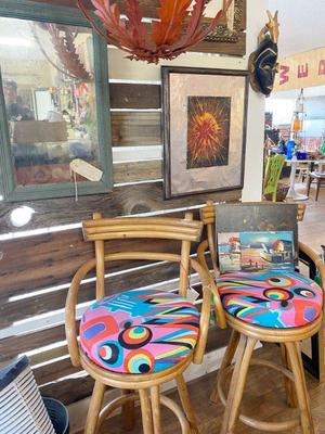 bamboo backed swivel bar stools with 70s 80s mod fabric