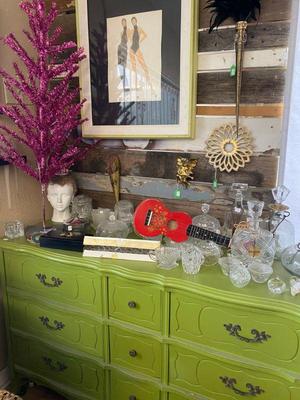 green painted dresser two vintage hot pink aluminum christmas trees