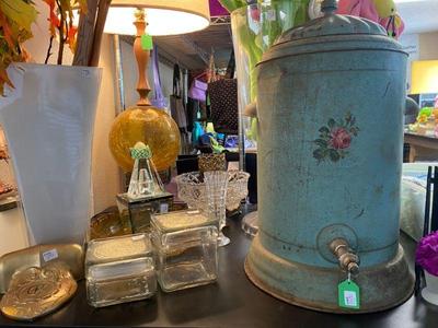 antique painted galvanized water cooler