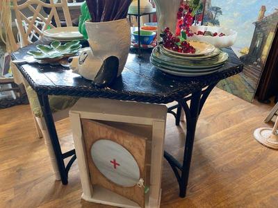 victorian wicker table and antique first aid cabinet