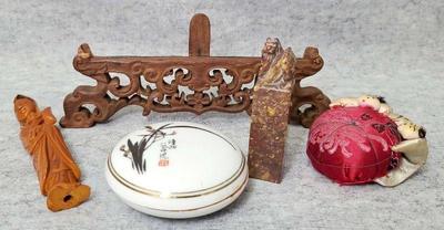 Mb107 asian antiquities chop with wax bowl pin cushion, figure