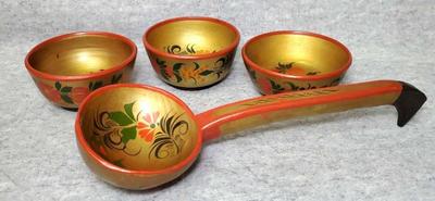 Bs012 ussr vintage russian hand painted laquered wood ladle and bowls