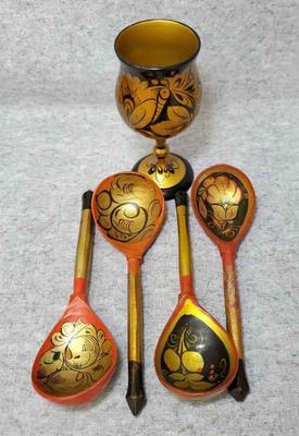 Bs014 vintage russian hand painted laquered wood goblet spoons
