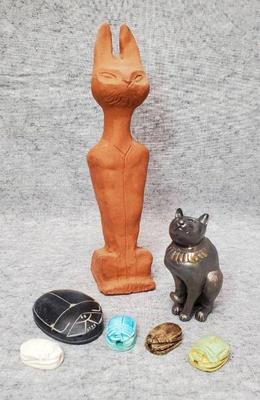 Mb037 egyptian scarab beads and cat figures