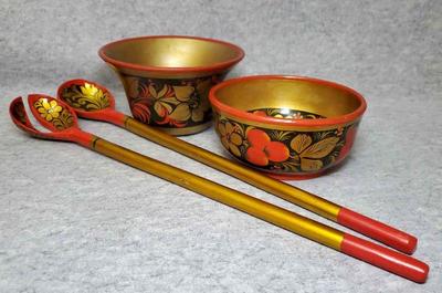 Bs013 vintage russian hand painted laquered wood bowls salad utensils