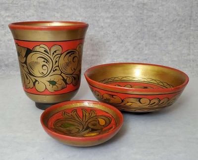 Bs004 vintage ussr hand painted russian laquered wood bowls vase