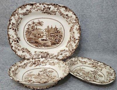 Bs023 brown ironstone transferware chinoiserie pattern platter bowls