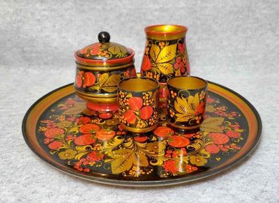 Bs017 ussr vintage russian hand painted laquered wood serving ware