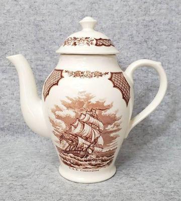 Bs024 meakin brown transferware coffee pot fair winds